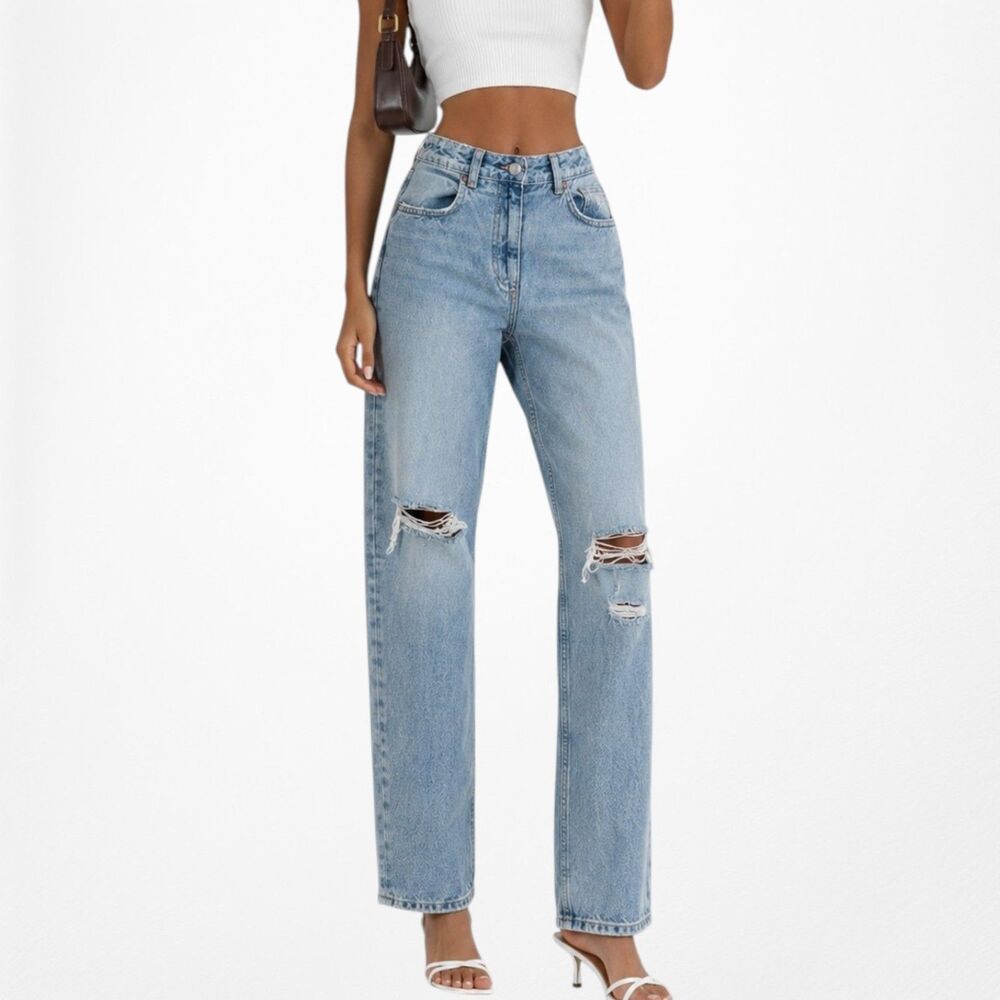 Zara Blue Distressed Destroyed Medium Wash Ripped Knee High Waisted Mom Jeans XS